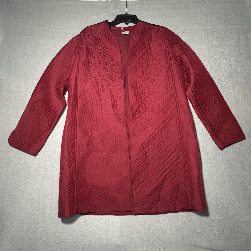 Sigrid Olsen‎ Women's M Red Quilted Silk Blend Open Front Long Jacket Coat